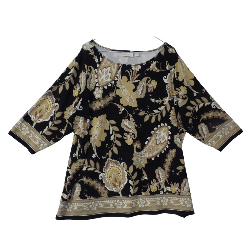 Belle Isle Womens 3/4 Sleeve Black Paisley Print Tunic Top Plus Size 2X